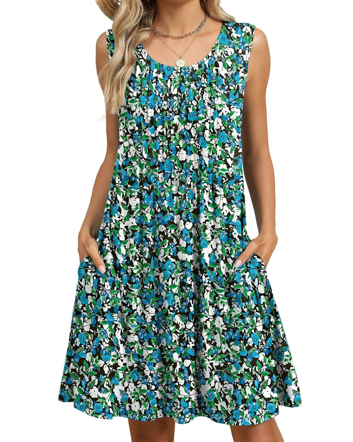 Pintuck Sleeveless Swing Dress With Pockets - Color_3