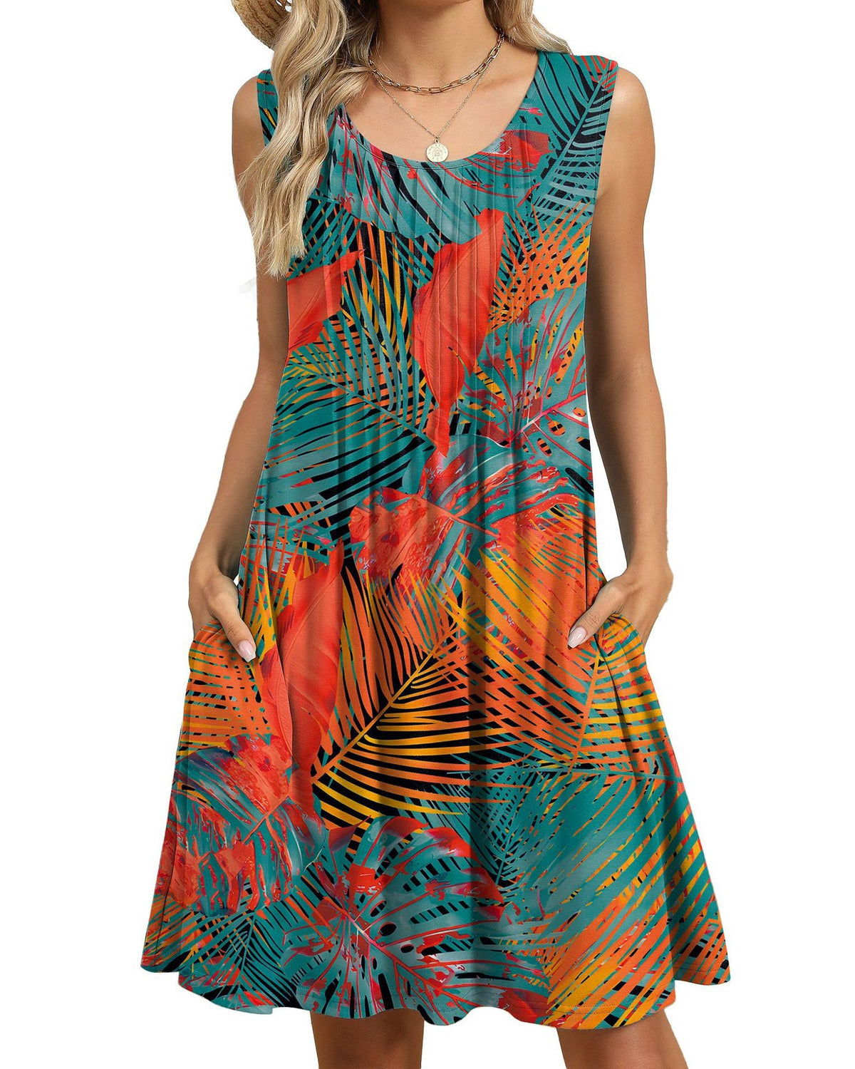 Pintuck Sleeveless Swing Dress With Pockets - Color_4