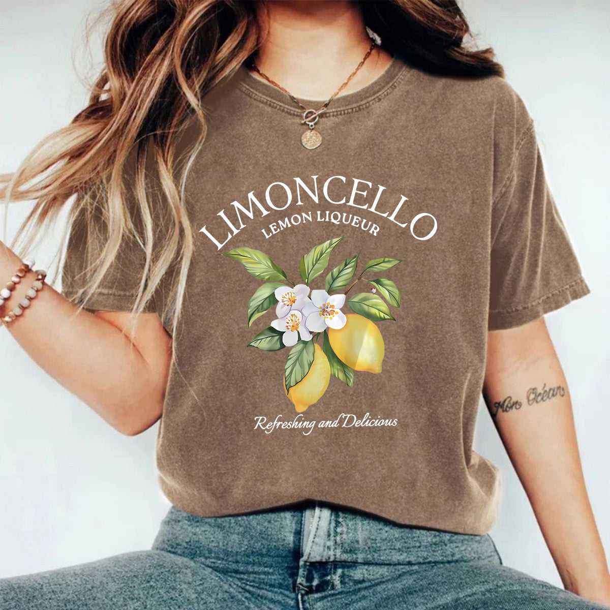 Vintage Lemon Botanical Graphic Tee - Coffee