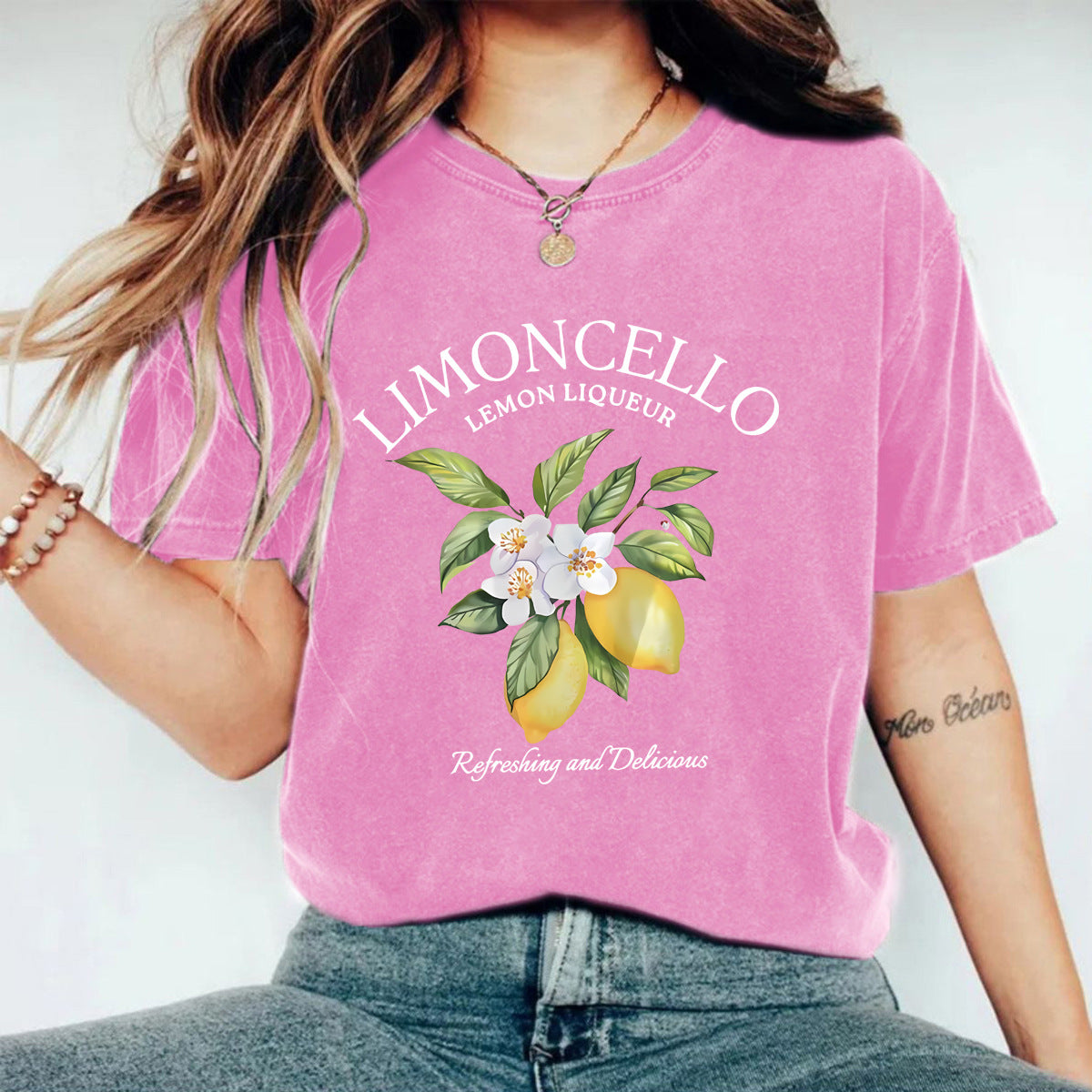 Vintage Lemon Botanical Graphic Tee - Pink