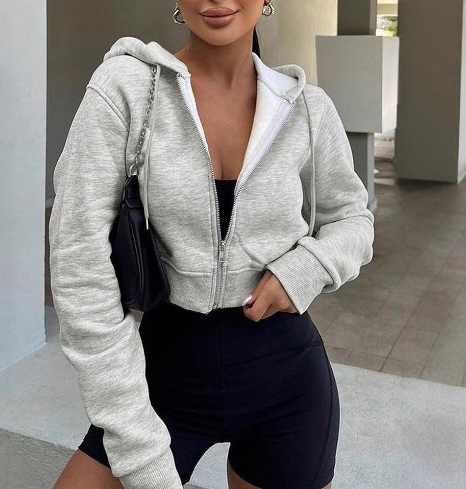 Cropped Zip Up Drawstring Hooded Workout Jacket - Light Gray