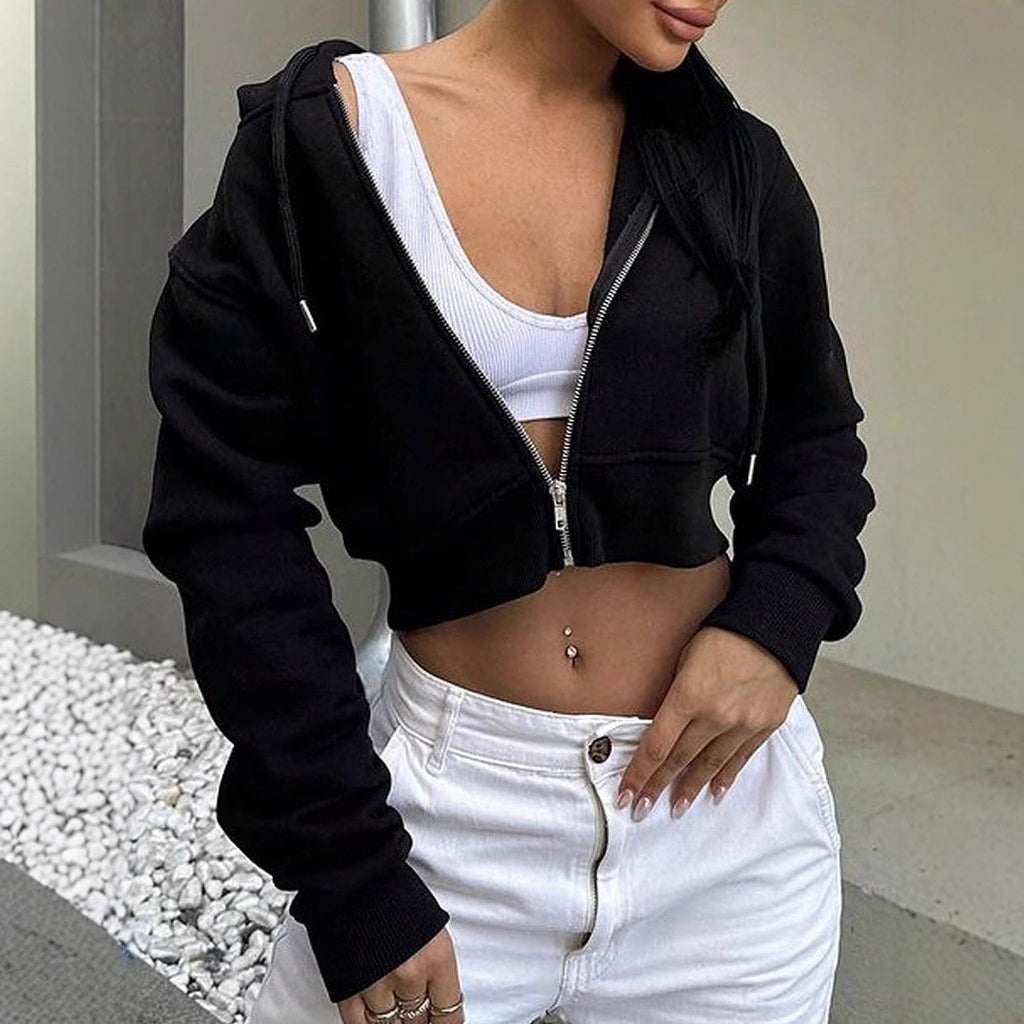 Cropped Zip Up Drawstring Hooded Workout Jacket