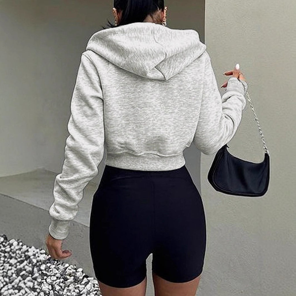 Cropped Zip Up Drawstring Hooded Workout Jacket