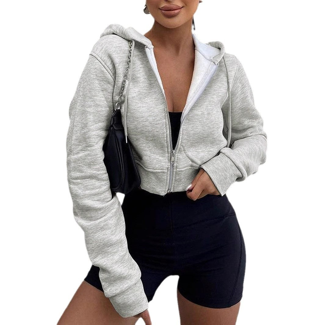 Cropped Zip Up Drawstring Hooded Workout Jacket