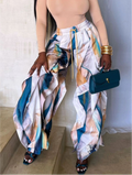 Layered Petal Hem Wide Leg Parachute Pants - Blue