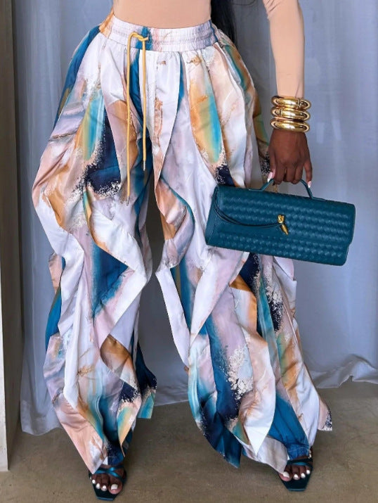 Layered Petal Hem Wide Leg Parachute Pants - Blue - 1