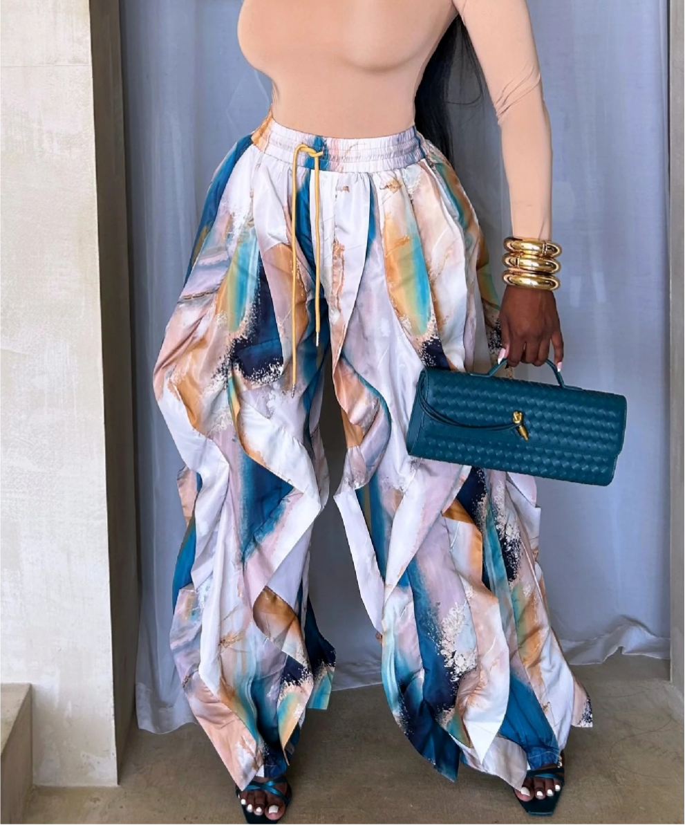 Layered Petal Hem Wide Leg Parachute Pants - Blue - 2