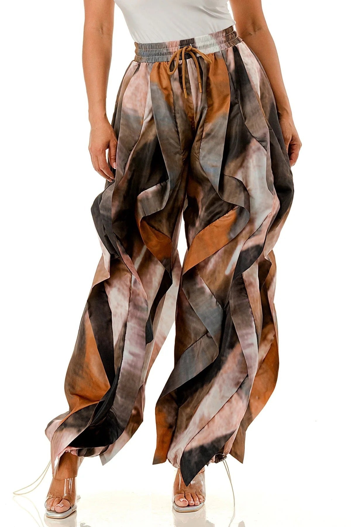 Layered Petal Hem Wide Leg Parachute Pants - Brown