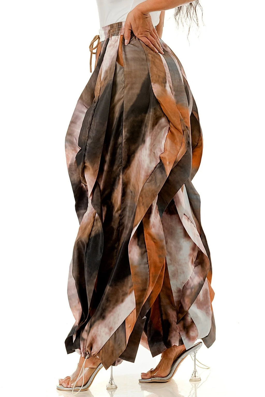 Layered Petal Hem Wide Leg Parachute Pants - Brown - 2