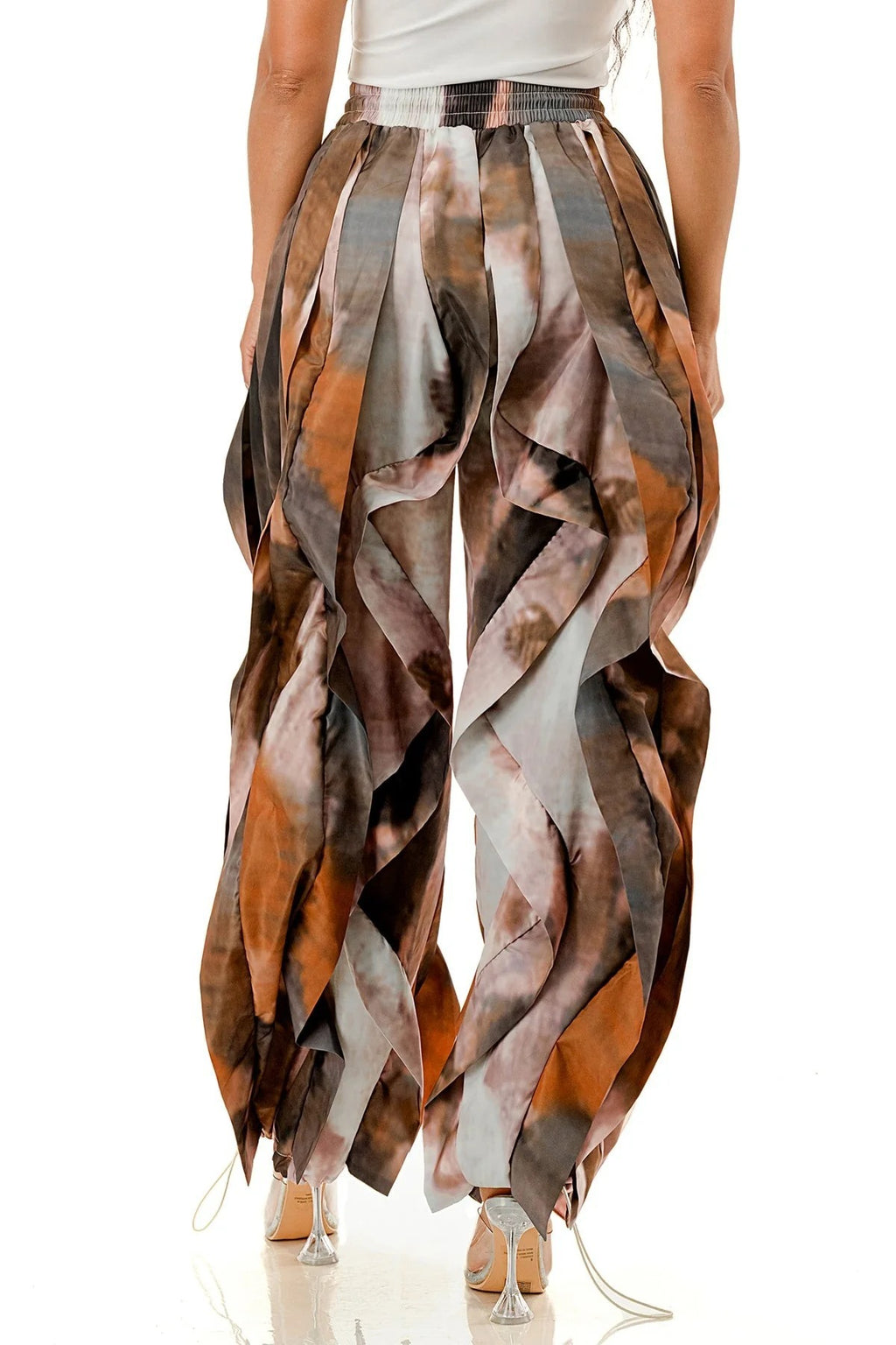 Layered Petal Hem Wide Leg Parachute Pants - Brown - 3