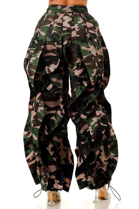 Layered Petal Hem Wide Leg Parachute Pants - Camo - 1