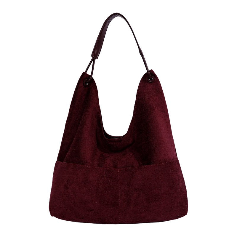 Oversized Faux Suede Hobo Bag with Front Pocket - Burgundy