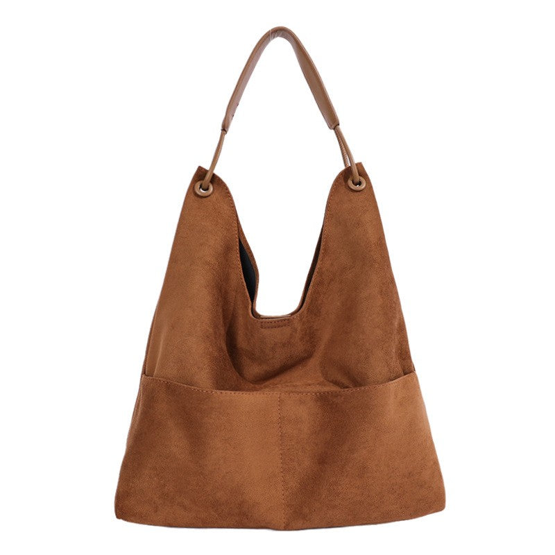 Oversized Faux Suede Hobo Bag with Front Pocket - Cognac