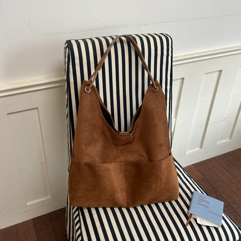 Oversized Faux Suede Hobo Bag with Front Pocket