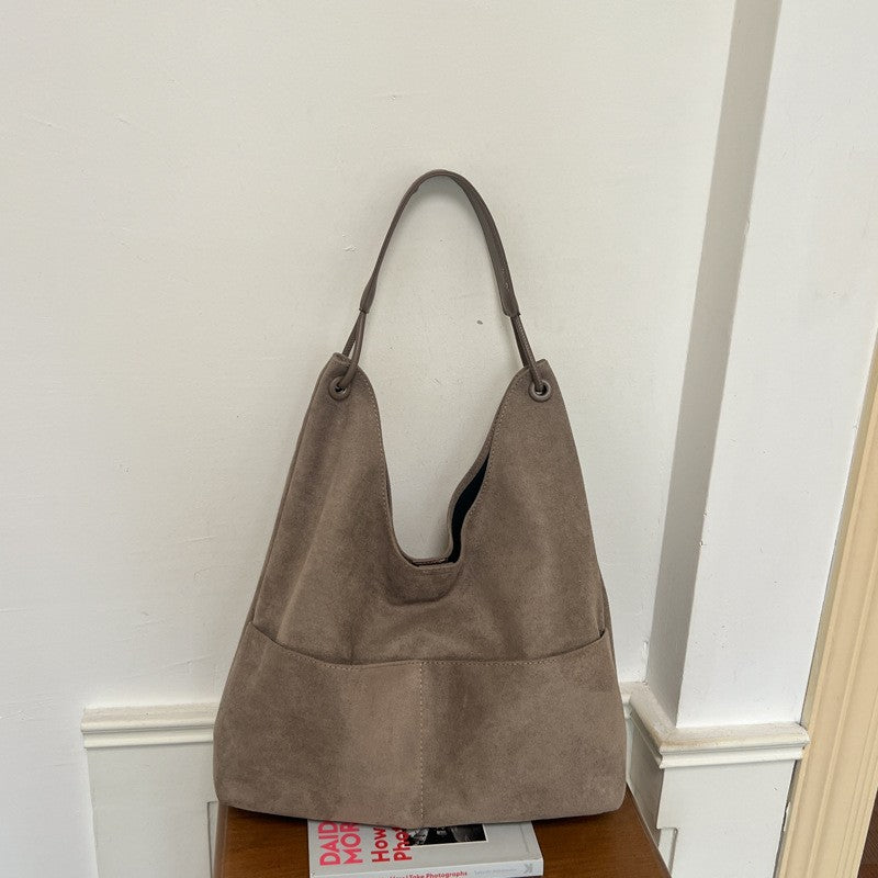 Oversized Faux Suede Hobo Bag with Front Pocket