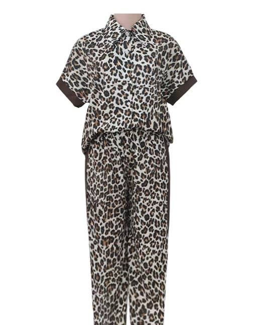 Animal Print Piped Shirt Wide Leg Set