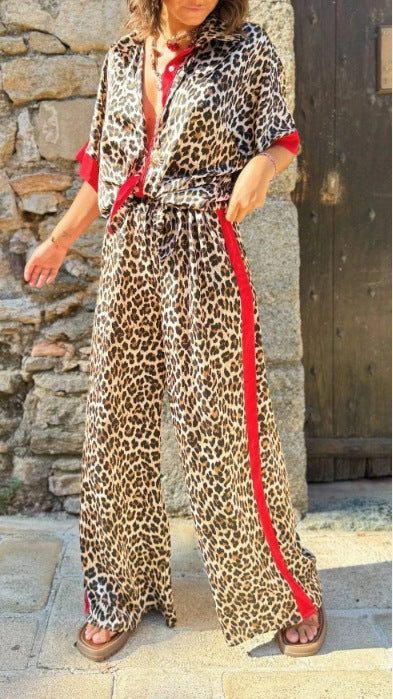 Animal Print Piped Shirt Wide Leg Set - view 3