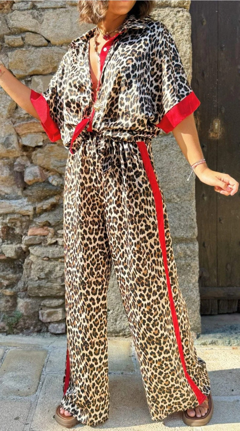 Animal Print Piped Shirt Wide Leg Set - red