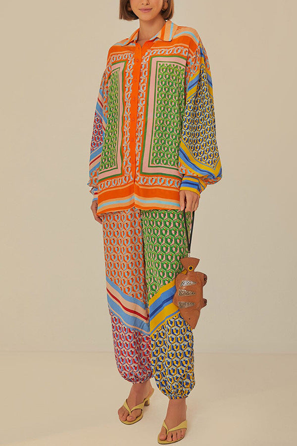 Geometric Scarf Print Shirt and Pants Set - Set