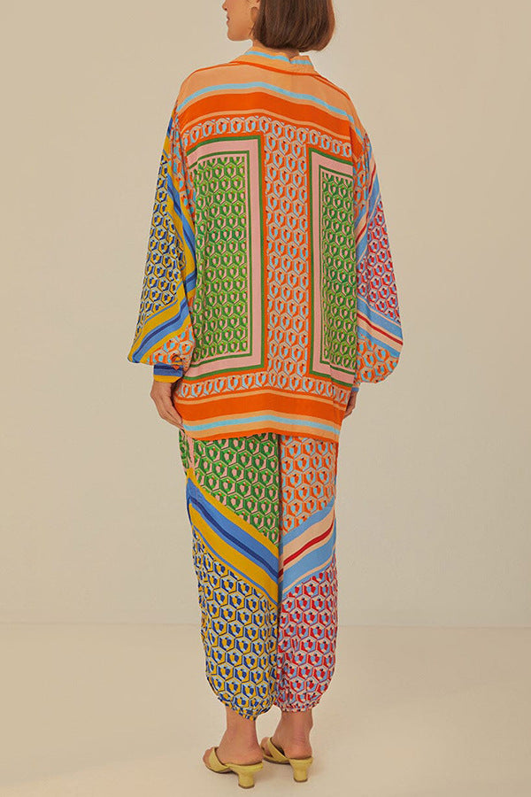 Geometric Scarf Print Shirt and Pants Set - Set - 1