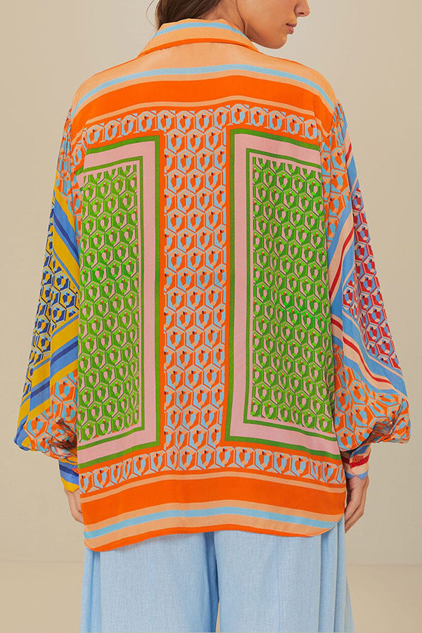 Geometric Scarf Print Shirt and Pants Set - Shirt - 1