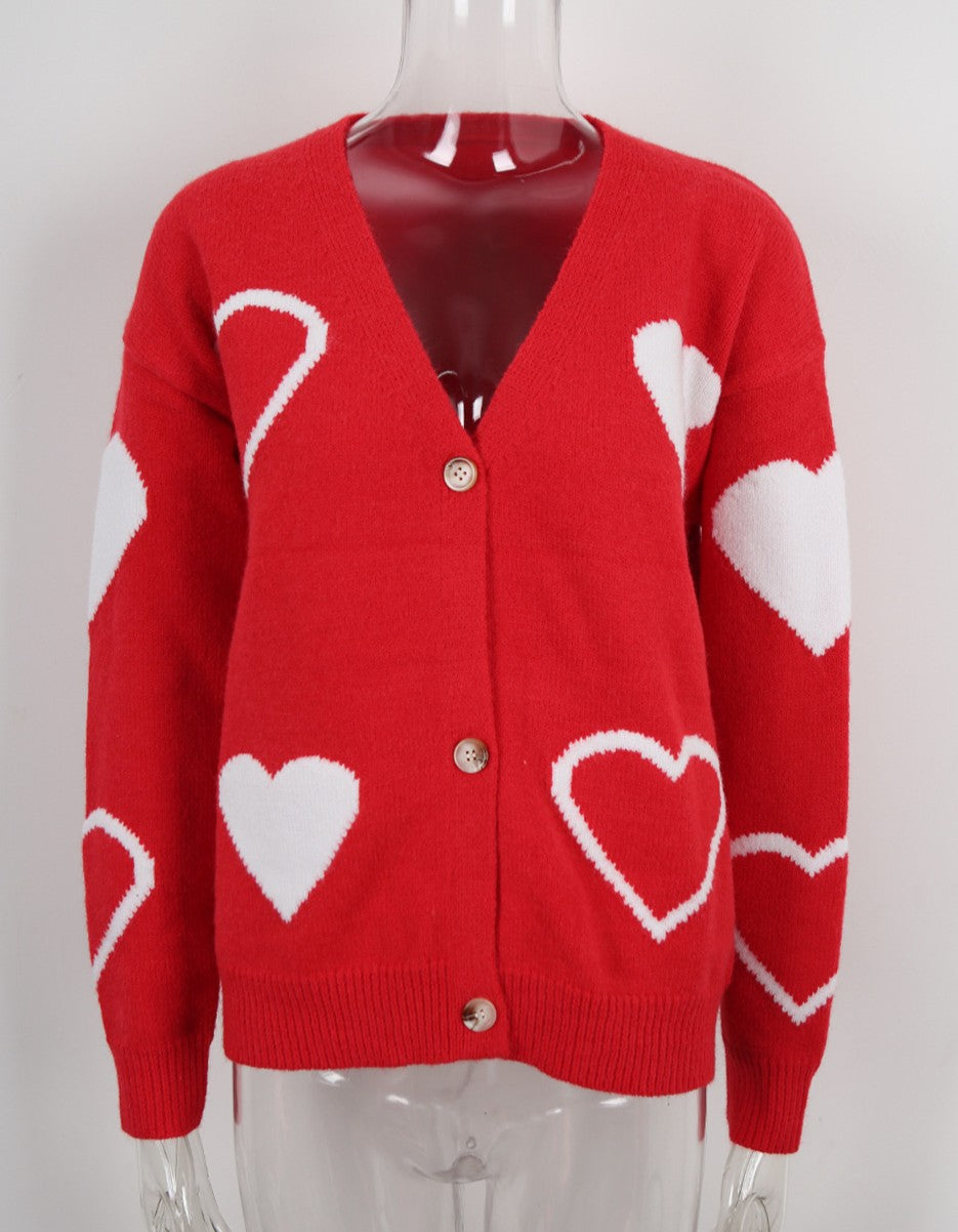Heart Pattern V-Neck Button Cardigan - Red - 1