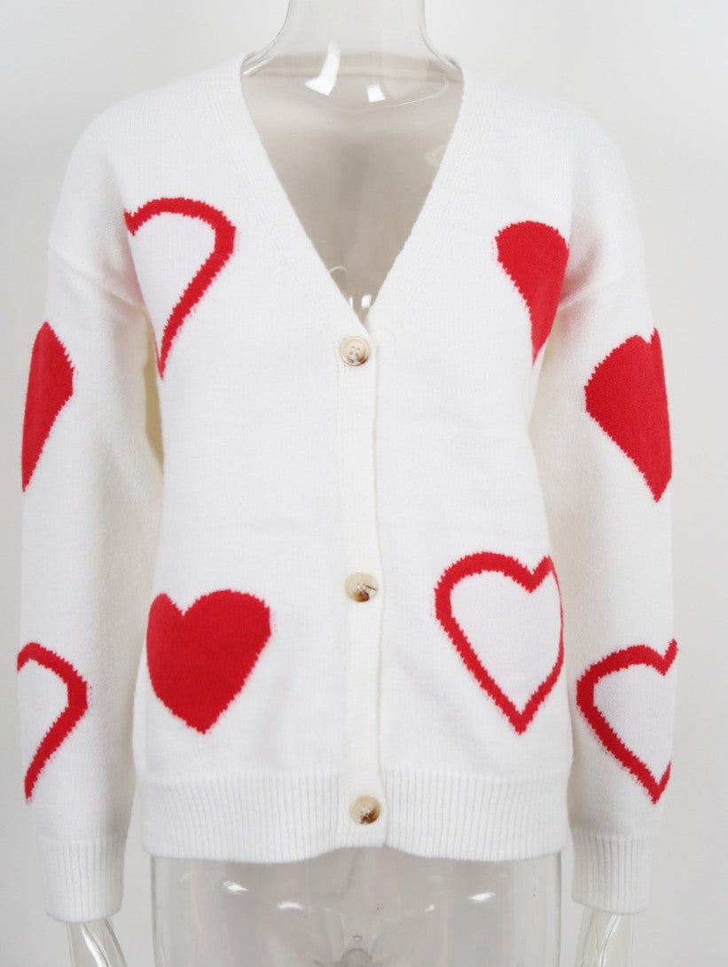 Heart Pattern V-Neck Button Cardigan - White - 1