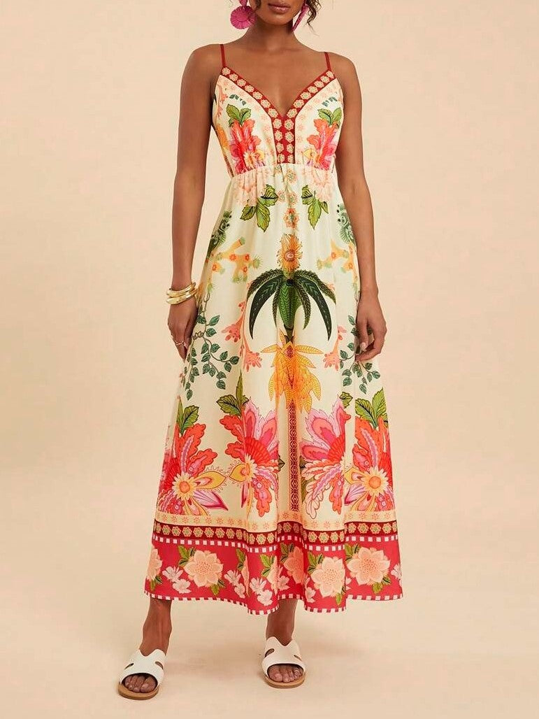 Tropical Floral V Neck Maxi Sundress - Multi