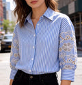 Eyelet Embroidered Sleeve Pinstripe Button Down Shirt - Blue