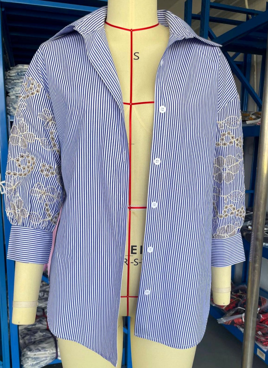 Eyelet Embroidered Sleeve Pinstripe Button Down Shirt - Blue - 1