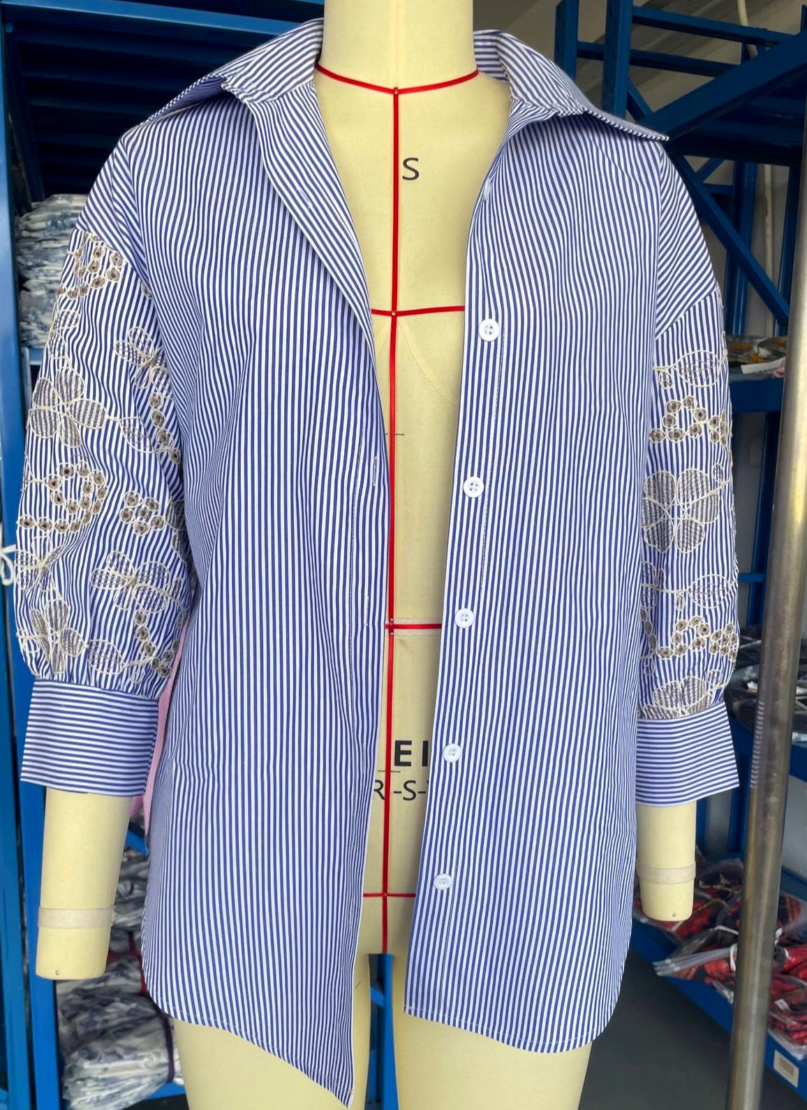 Eyelet Embroidered Sleeve Pinstripe Button Down Shirt - Blue - 1