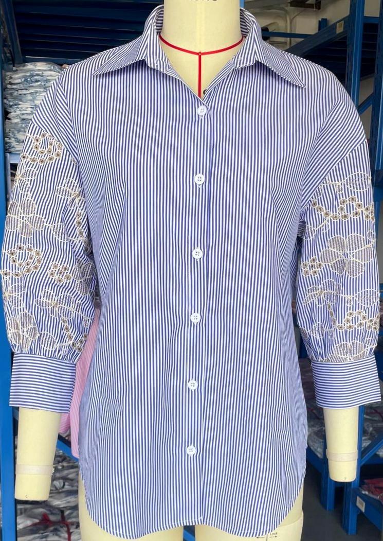 Eyelet Embroidered Sleeve Pinstripe Button Down Shirt - Blue - 2