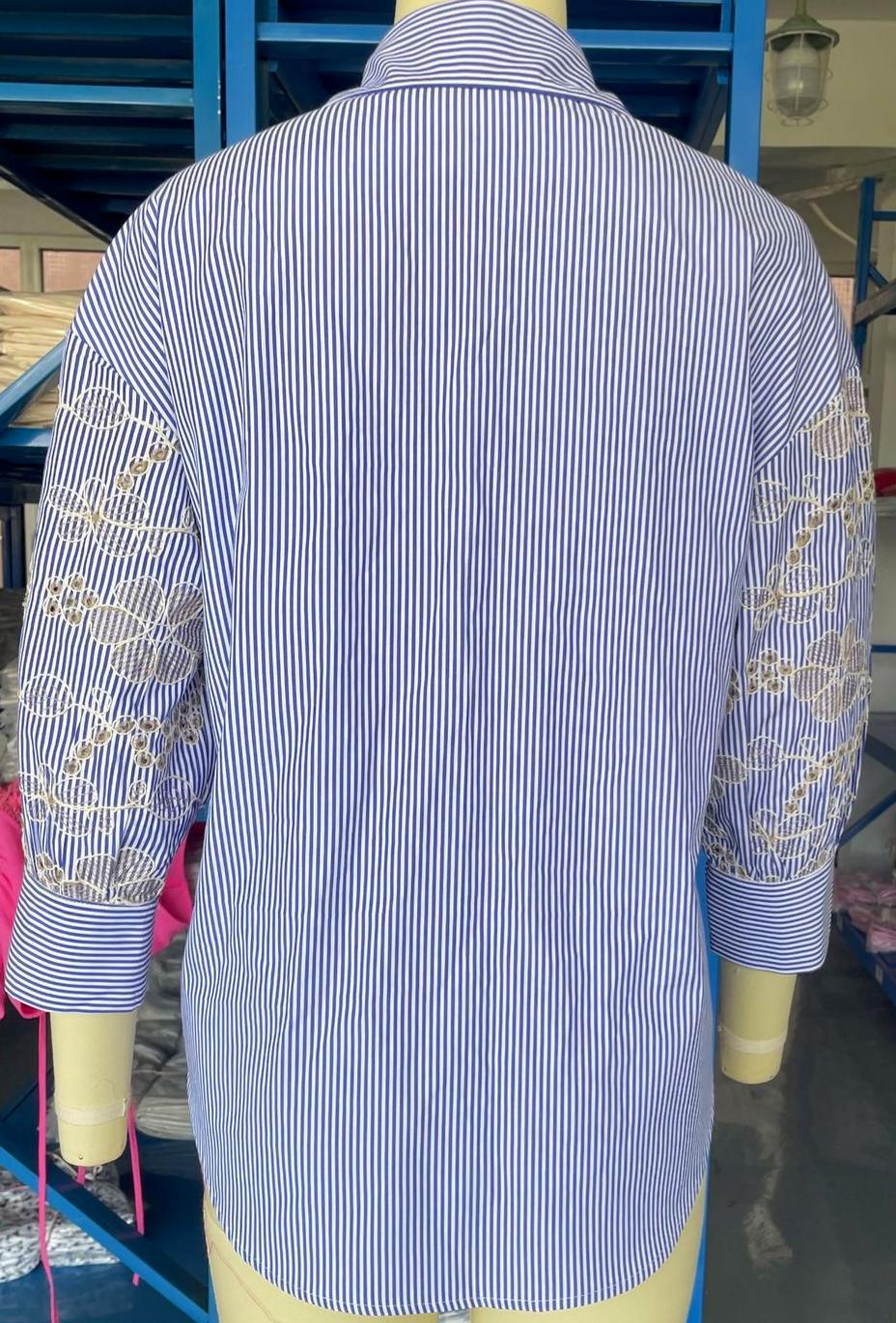 Eyelet Embroidered Sleeve Pinstripe Button Down Shirt - Blue - 3