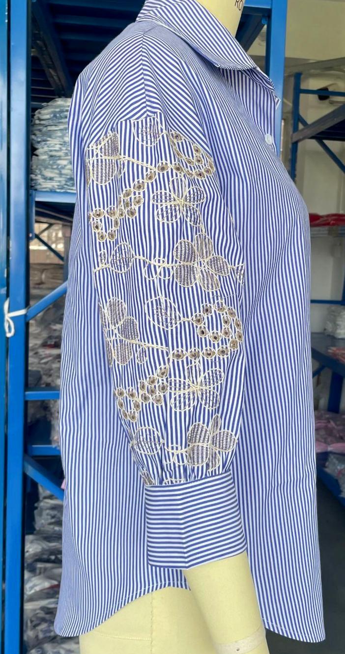 Eyelet Embroidered Sleeve Pinstripe Button Down Shirt - Blue - 5
