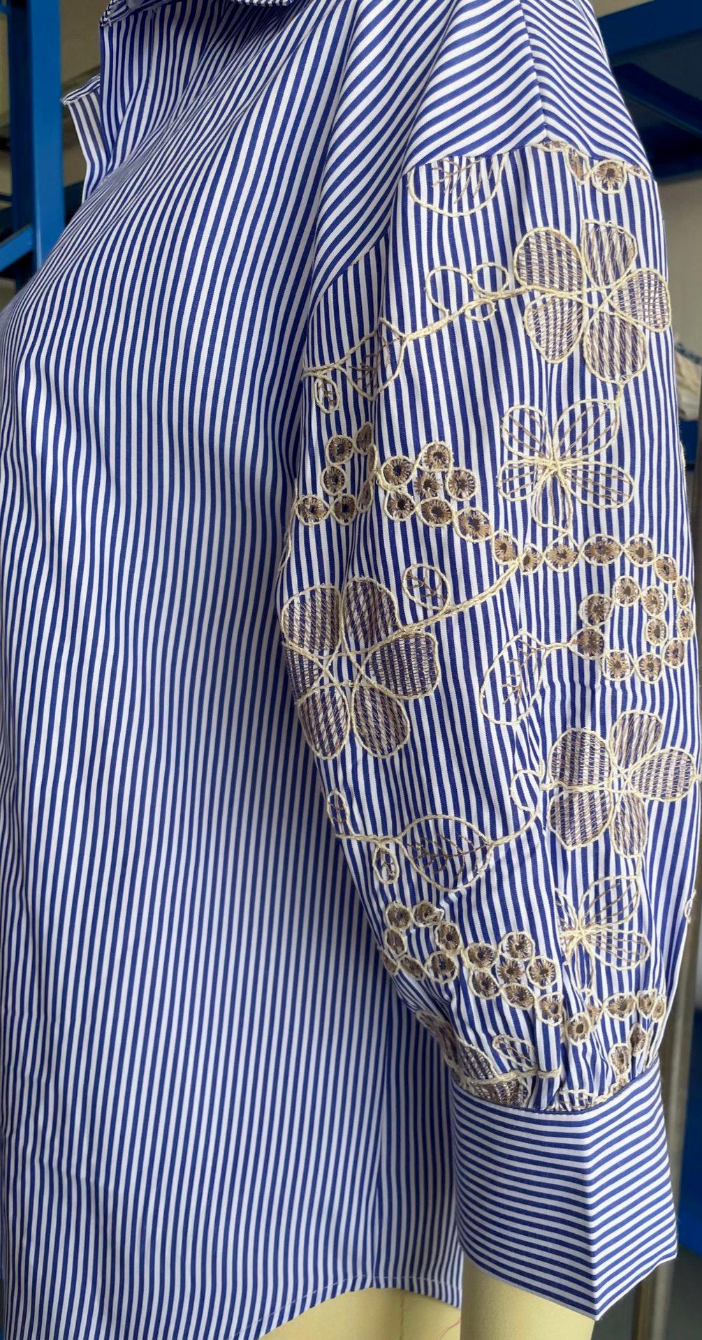 Eyelet Embroidered Sleeve Pinstripe Button Down Shirt - Blue - 6