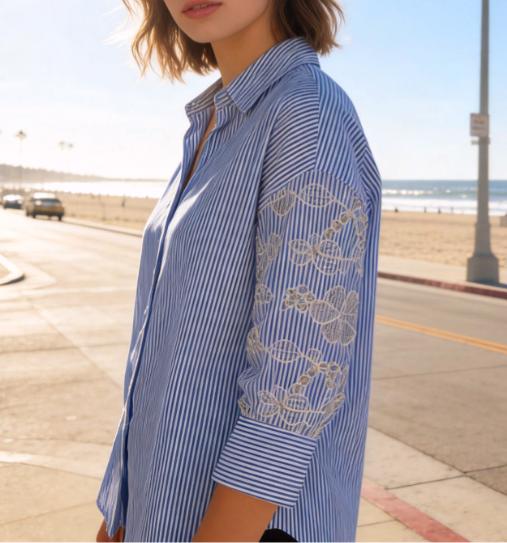 Eyelet Embroidered Sleeve Pinstripe Button Down Shirt - Blue - 7