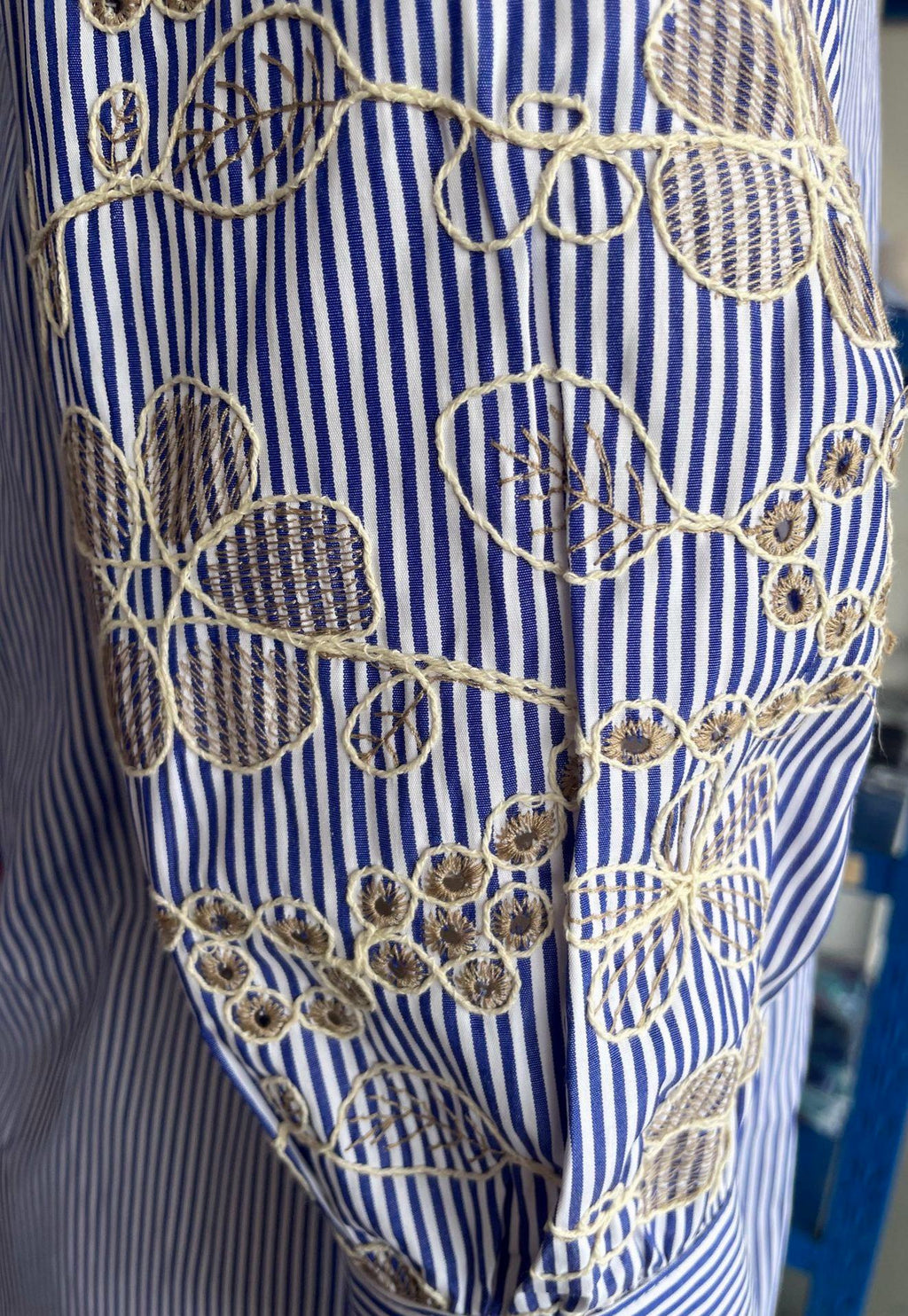 Eyelet Embroidered Sleeve Pinstripe Button Down Shirt - Blue - 8