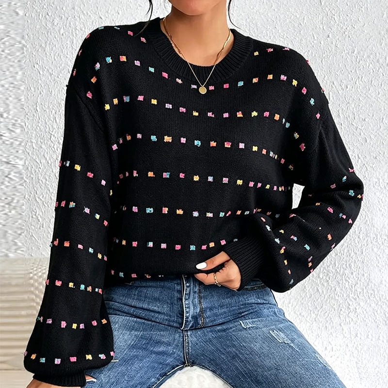 Confetti Dot Jacquard Balloon Sleeve Sweater - Black