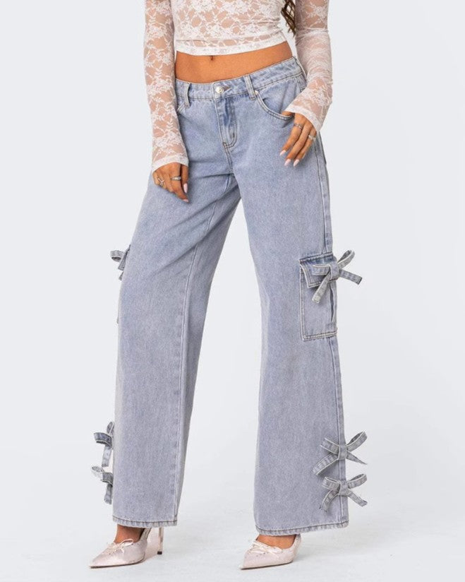 Bow Trimmed Mid Rise Wide Leg Jeans - Blue