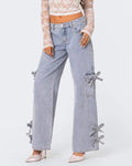Bow Trimmed Mid Rise Wide Leg Jeans - Blue