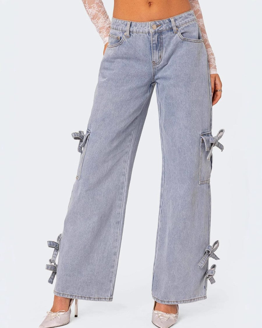 Bow Trimmed Mid Rise Wide Leg Jeans - Blue - 1