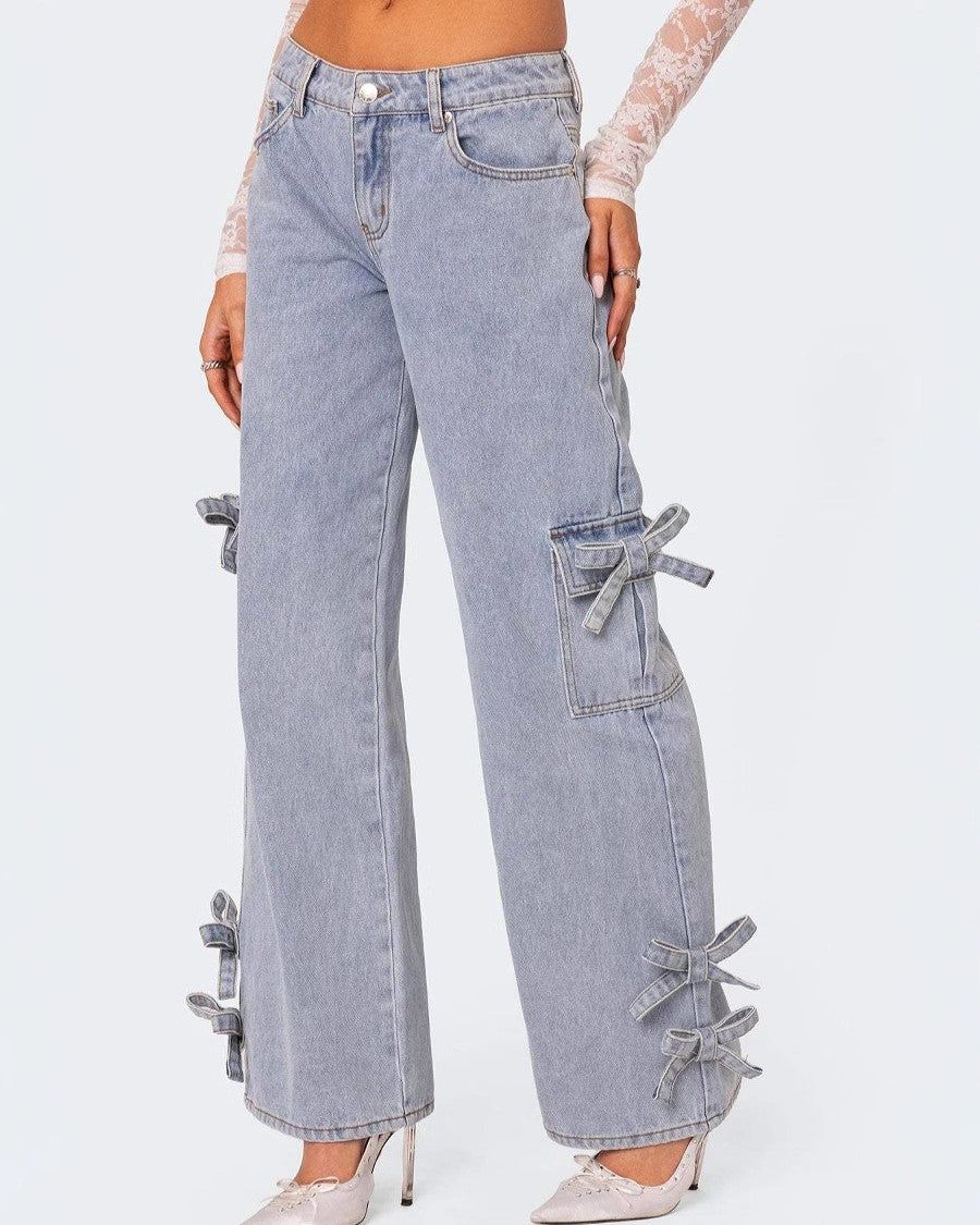 Bow Trimmed Mid Rise Wide Leg Jeans - Blue - 2