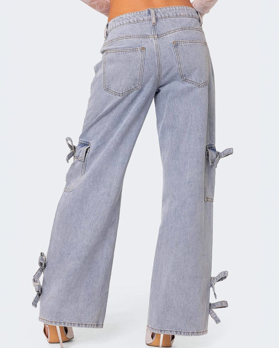 Bow Trimmed Mid Rise Wide Leg Jeans - Blue - 3