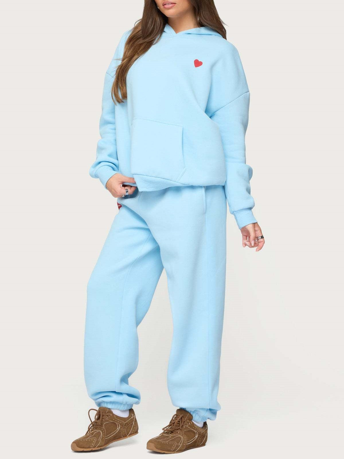 Heart Graphic Hoodie and Sweatpants Set - SkyBlue