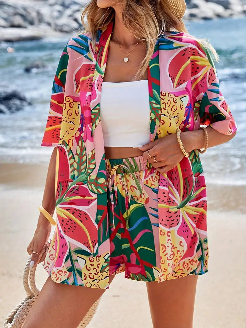 Printed Shirt And Tie Waist Shorts Set - Decor