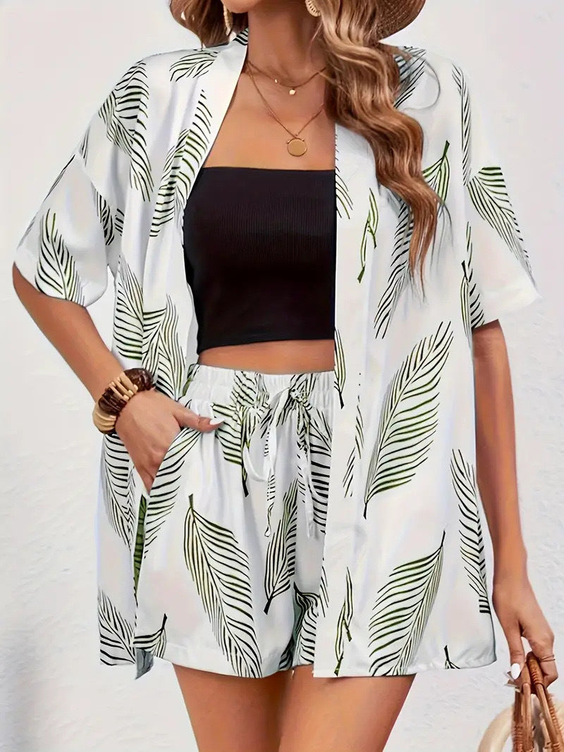 Printed Shirt And Tie Waist Shorts Set - White