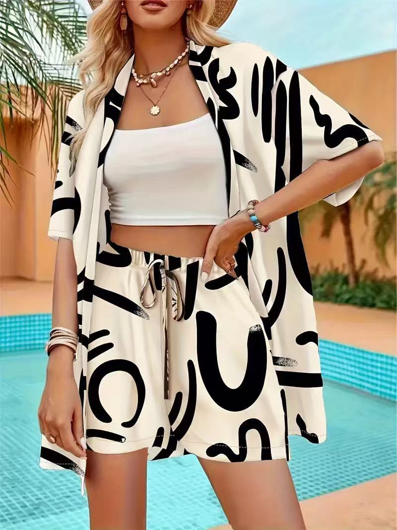 Printed Shirt And Tie Waist Shorts Set - beige