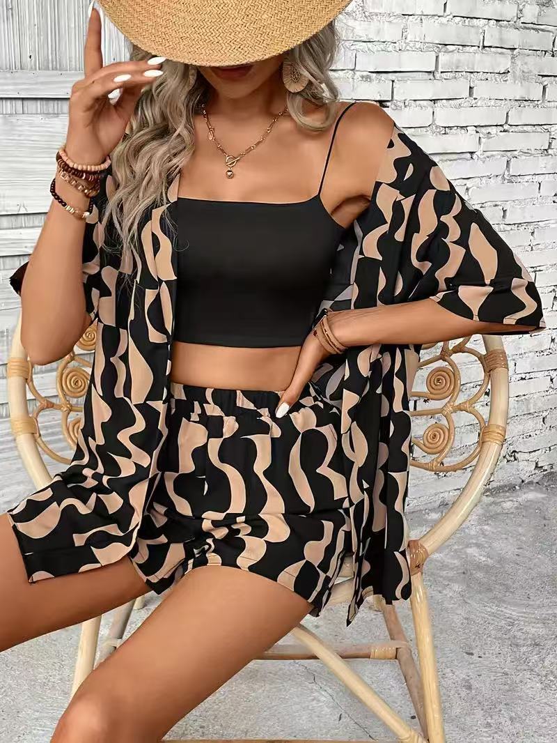 Printed Shirt And Tie Waist Shorts Set - cofffee