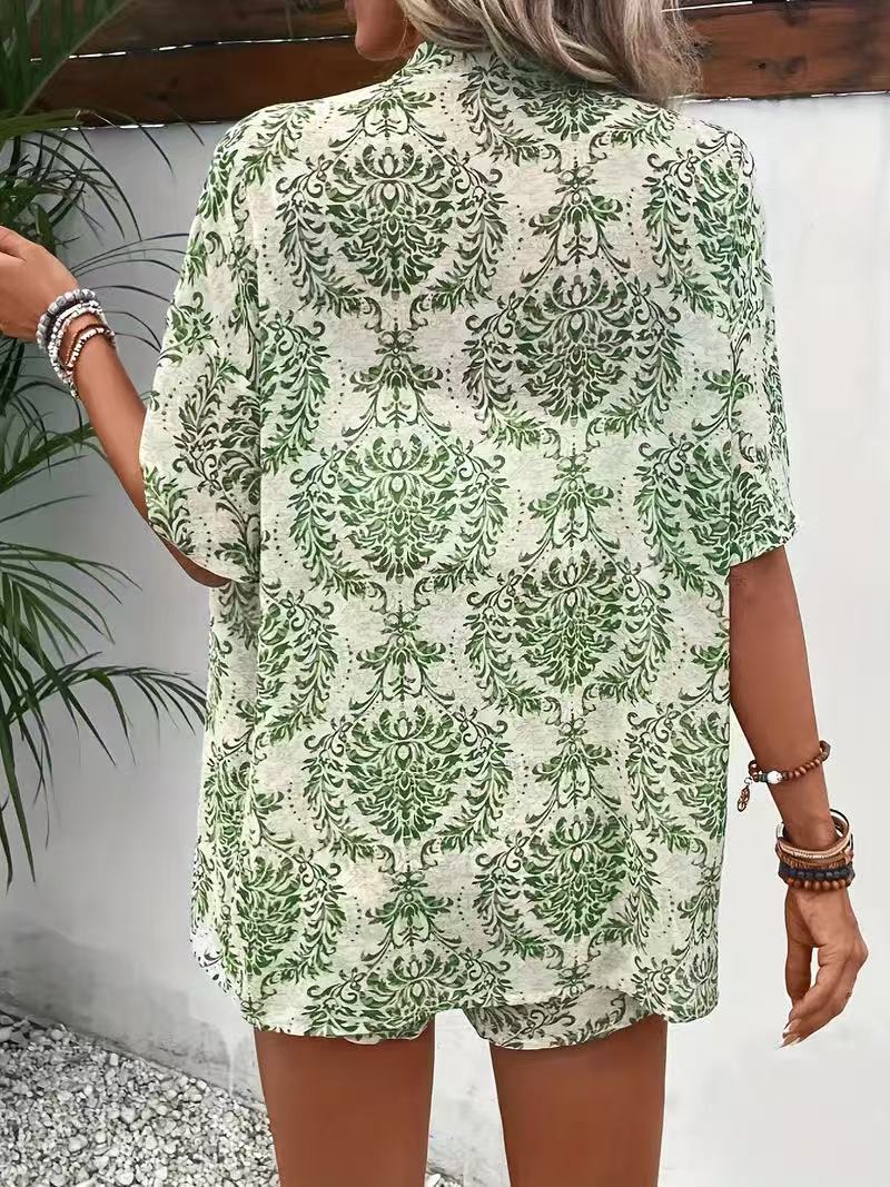 Printed Shirt And Tie Waist Shorts Set