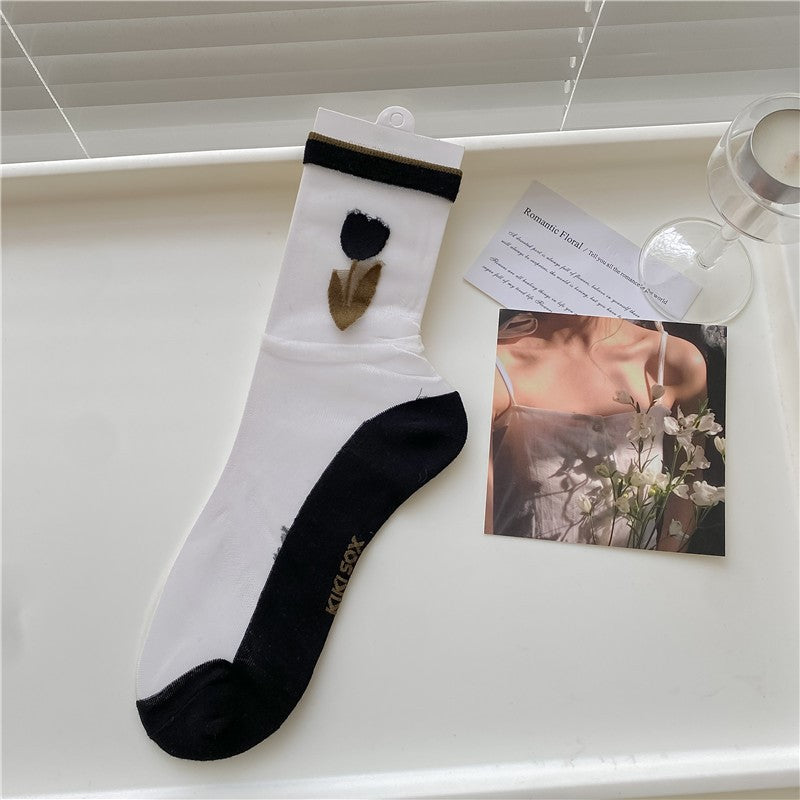 Sheer Mesh Tulip Print Crew Socks - AFlower - 1